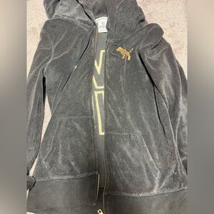 Victoria's Secret Black Hooded Zip Jacket with Gold Sequin Logo